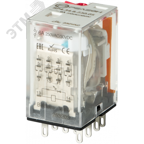 Реле промежуточное, 4 перекидных контакта 6А 230В AC блокируемая кнопка проверки, светодиод