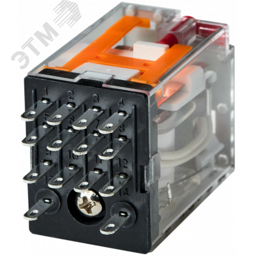 Реле промежуточное, 4 перекидных контакта 6А 230В AC блокируемая кнопка проверки, светодиод