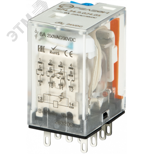 Промежуточное реле, 4 перекидных контакта 6А, 24В (DC), блокируемая кнопка проверки, светодиод