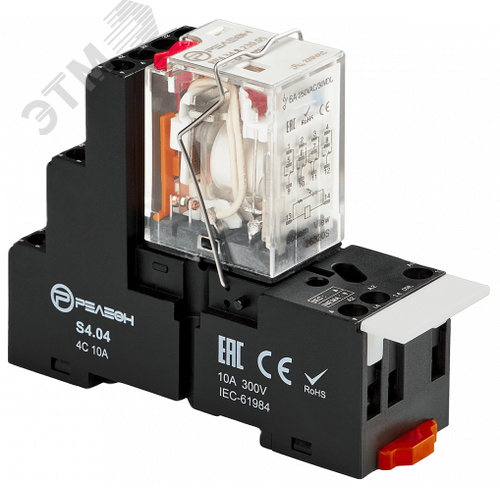 Промежуточное реле, 4 перекидных контакта 6А, 24В (DC), блокируемая кнопка проверки, светодиод