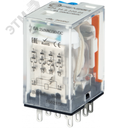 Промежуточное реле, 4 перекидных контакта 6А, 220В (DC), блокируемая кнопка проверки, светодиод