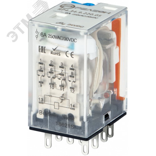 Промежуточное реле, 4 перекидных контакта 6А, 220В (DC), блокируемая кнопка проверки, светодиод