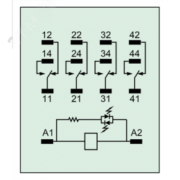 Промежуточное реле, 4 перекидных контакта 6А, 220В (DC), блокируемая кнопка проверки, светодиод