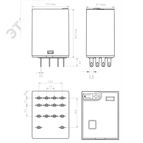 Промежуточное реле, 4 перекидных контакта 6А, 220В (DC), блокируемая кнопка проверки, светодиод