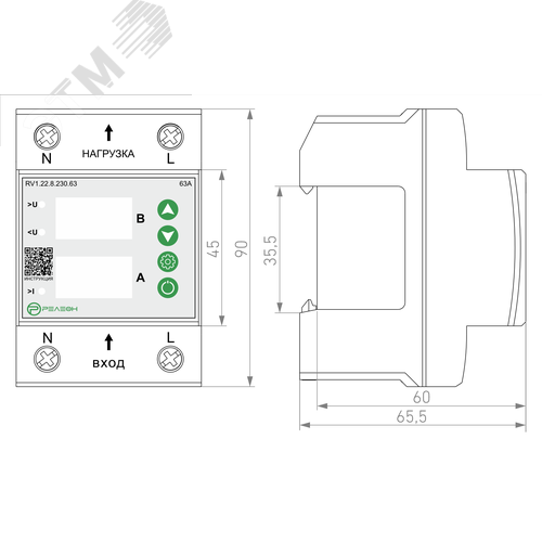 Реле контроля напряжения и тока L+N 230В AC 63А