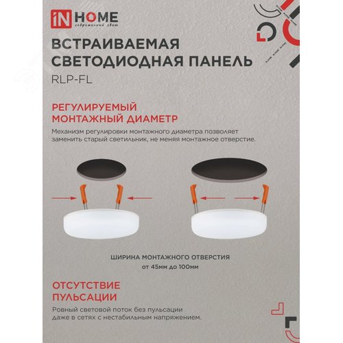Панель светодиодная встраиваемая безрамочная RLP-FL 18 Вт 230 В 4000 К 1620 Лм 120 мм с регулируемым монтажом 45-100 мм белая IP20 IN HOME