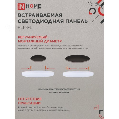 Панель светодиодная встраиваемая безрамочная RLP-FL 36Вт 230В 4000К 3240Лм 223мм с регулируемым монтажом 45-190мм белая IP20 IN HOME