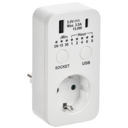 РТЭ-4 Розетка-таймер электронный с USB A+C 15мин-8ч 16А IP20 белый IEK