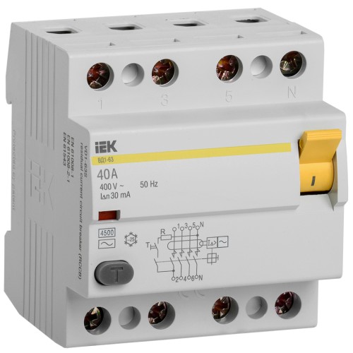 Выключатель дифференциальный (УЗО) ВД1-63 4Р 40А 30мА IEK