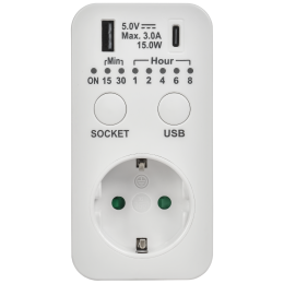 РТЭ-4 Розетка-таймер электронный с USB A+C 15мин-8ч 16А IP20 белый IEK