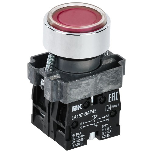 Кнопка управления LA167-BAF45 d=22мм 1NO+1NC красная IEK