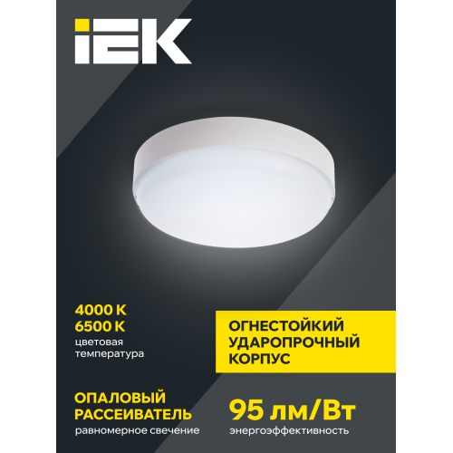 Светильник светодиодный ЖКХ ДПО 2005 12Вт 6500K IP54 круг белый IEK