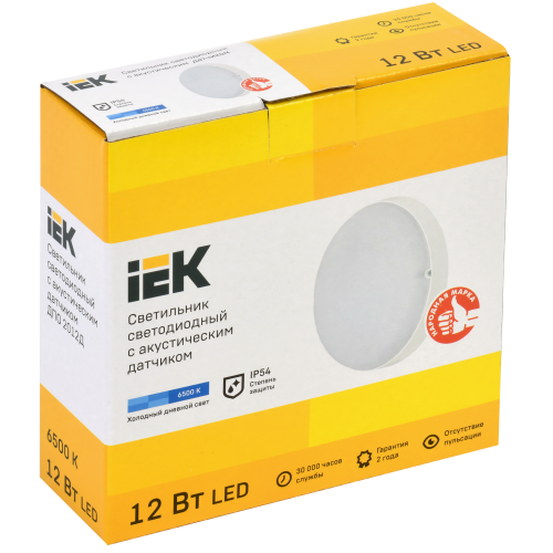 Светильник светодиодный ДПО 2012Д 12Вт IP54 6500К круг белый с акустическим датчиком IEK