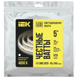 Лента светодиодная 5м SMD2835 240LED/м 22Вт/м IP20 ширина 10мм 24В нейтральный белый IEK