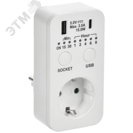 РТЭ-4 Розетка-таймер электронный с USB A+C 15мин-8ч 16А IP20 белый IEK
