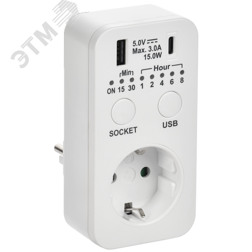 РТЭ-4 Розетка-таймер электронный с USB A+C 15мин-8ч 16А IP20 белый IEK