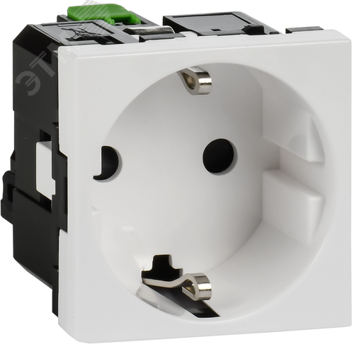 Розетка с заземляющим контактом защитной шторкой и безвинтовым зажимом (2 модуля) белая