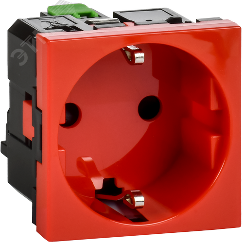 Розетка с заземляющим контактом защитной шторкой и безвинтовым зажимом (2 модуля) красная