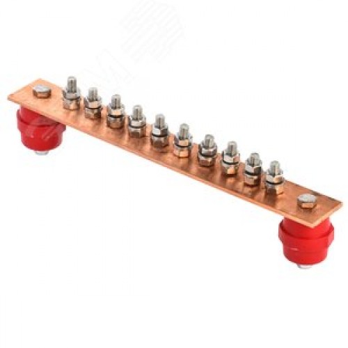 Шина заземляющая главная ГЗШ 300х40х4мм на 10 подключений, медь