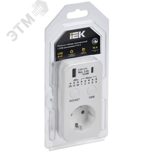РТЭ-4 Розетка-таймер электронный с USB A+C 15мин-8ч 16А IP20 белый IEK