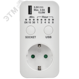 РТЭ-4 Розетка-таймер электронный с USB A+C 15мин-8ч 16А IP20 белый IEK
