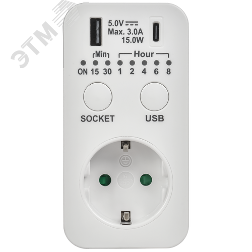 РТЭ-4 Розетка-таймер электронный с USB A+C 15мин-8ч 16А IP20 белый IEK