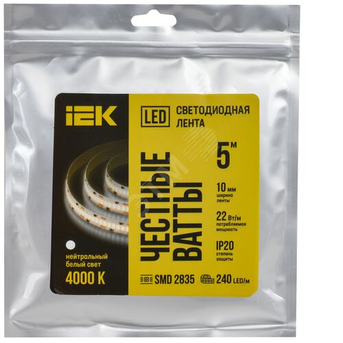 Лента светодиодная 5м SMD2835 240LED/м 22Вт/м IP20 ширина 10мм 24В нейтральный белый IEK