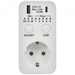 РТЭ-4 Розетка-таймер электронный с USB A+C 15мин-8ч 16А IP20 белый IEK