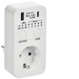 РТЭ-4 Розетка-таймер электронный с USB A+C 15мин-8ч 16А IP20 белый IEK