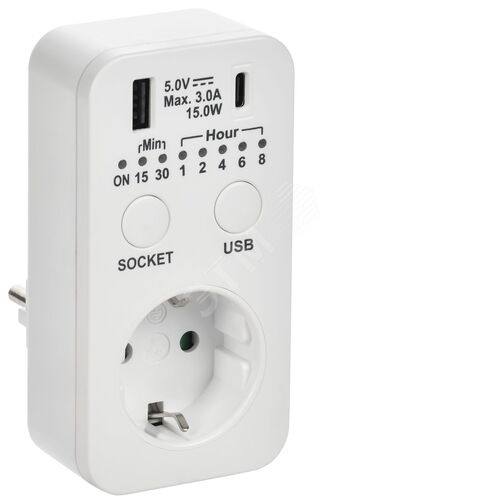 РТЭ-4 Розетка-таймер электронный с USB A+C 15мин-8ч 16А IP20 белый IEK