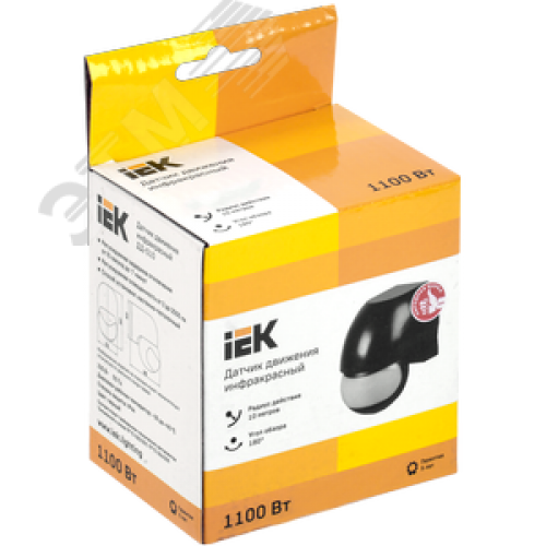 Датчик движения ДД 010 черный, максимальная нагрузка 1100 Вт, угол обзора 180 градусов, дальность 10м, IP44