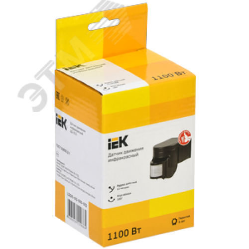 Датчик движения ДД 012 черный, максимальная нагрузка 1100 Вт, угол обзора 180 градусов, дальность 12м, IP44