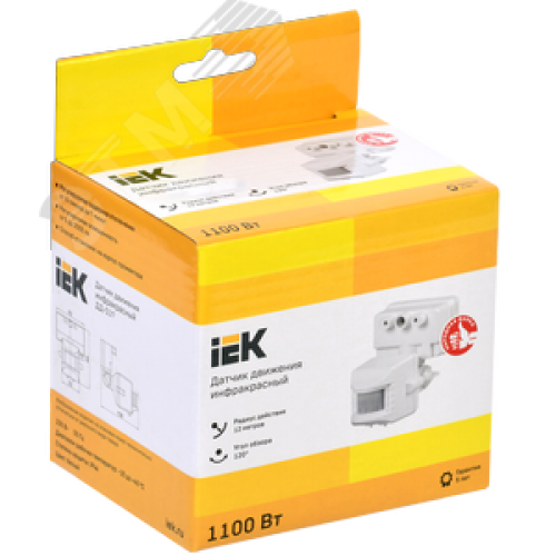 Датчик движения ДД 019 белый, максимальная нагрузка 1100 Вт, угол обзора 120 градусов, дальность 12м, IP44