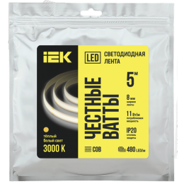 Лента LED 5м COB-480LED 11Вт/м IP20 8мм 24В 3000К