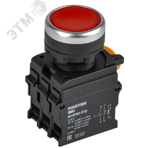 Кнопка с подсвет. и фикс. d=22мм 1NO+1NC красная MASTER
