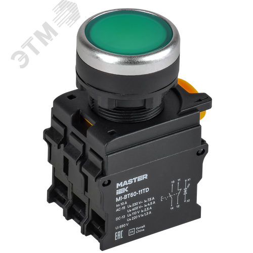 Кнопка с подсвет. и фикс. d=22мм 1NO+1NC зелёная MASTER