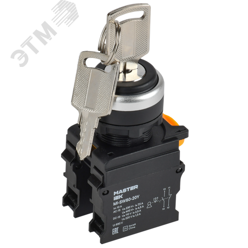 Переключатель с ключом на 3 положения 2NO чёрный MASTER