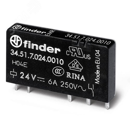 Реле ультратонкое электромеханическое, монтаж на печатную плату, 1CO 6A, контакты AgNi, катушка 24В DC (чувствит.), степень защиты RTII