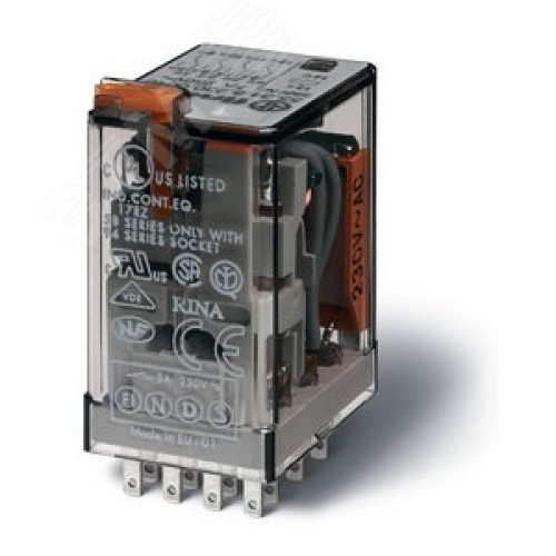 Реле электромеханическое универсальное миниатюрное, монтаж в розетку, 4CO 7A, контакты AgNi, катушка 230В АC, степень защиты RTI, опции: кнопка тест + мех.индикатор + LED