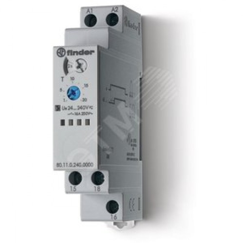 Таймер модульный 1-функциональный (AI), питание 24…240В АС/DC, 1CO 16A, ширина 17.5мм, регулировка времени 0.1с…24ч, степень защиты IP20