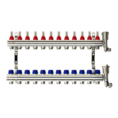 Коллекторная группа FHF-12RF set 12 контуров 1'x3/4' с расходомерами, воздухоотводчиками и кронштейнами