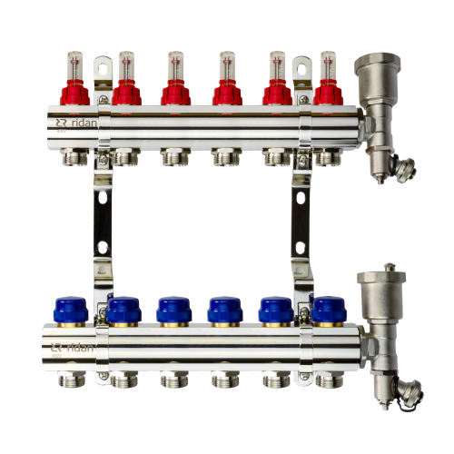 Коллекторная группа FHF-6RF set 6 контуров 1'x3/4' с расходомерами, воздухоотводчиками и кронштейнами