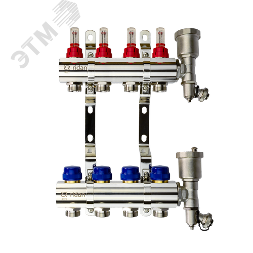 Коллекторная группа FHF-4RF set 4 контура 1'x3/4' с расходомерами, воздухоотводчиками и кронштейнами