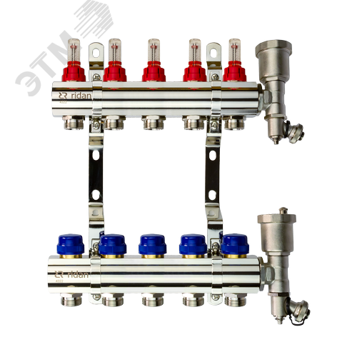 Коллекторная группа FHF-5RF set 5 контуров 1'x3/4' с расходомерами, воздухоотводчиками и кронштейнами