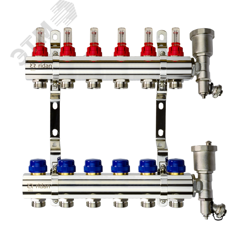 Коллекторная группа FHF-6RF set 6 контуров 1'x3/4' с расходомерами, воздухоотводчиками и кронштейнами