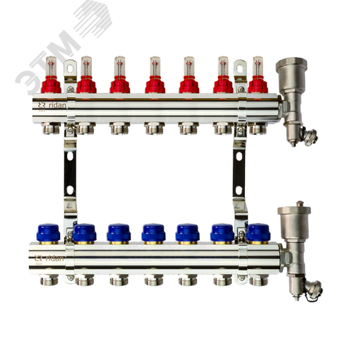 Коллекторная группа FHF-7RF set 7 контуров 1'x3/4' с расходомерами, воздухоотводчиками и кронштейнами