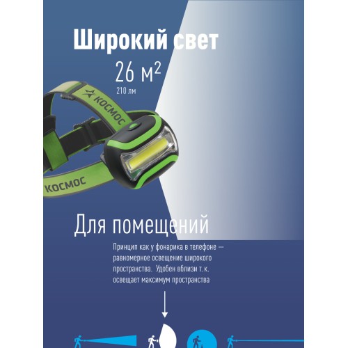 Фонарь налобный, 3W COB LED, 3 батарейки АА, 180Лм