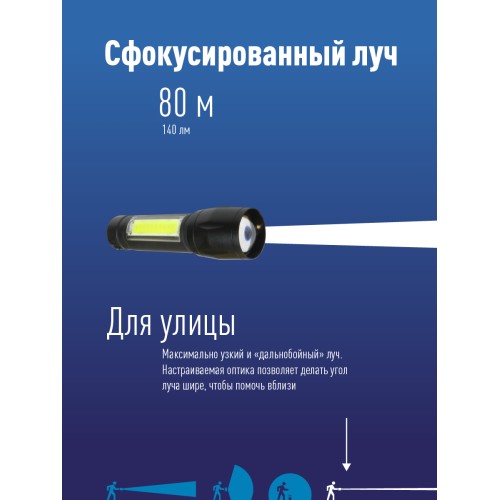 Фонарь ручной аккумуляторный карманный, 3W, аккумулятор 3,7V 0,6 Ah, 140Лм - 1,5 часа, 70 Лм - 3 часа