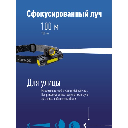 Фонарь налобный аккумуляторный, 3W, аккумулятор 3,7V 1,2Ah, 180Lm, 8 часов