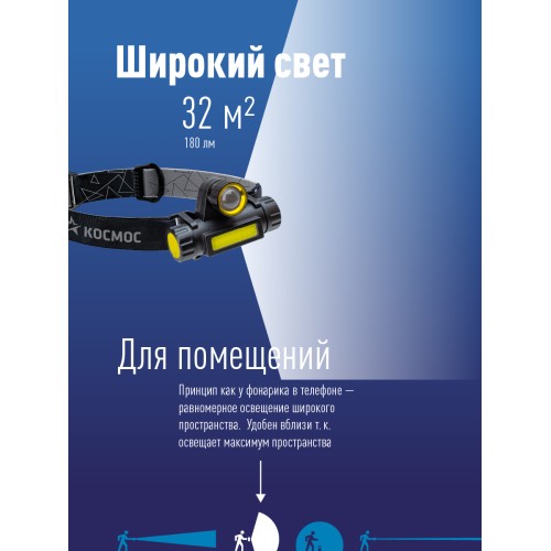 Фонарь налобный аккумуляторный, 3W, аккумулятор 3,7V 1,2Ah, 180Lm, 8 часов